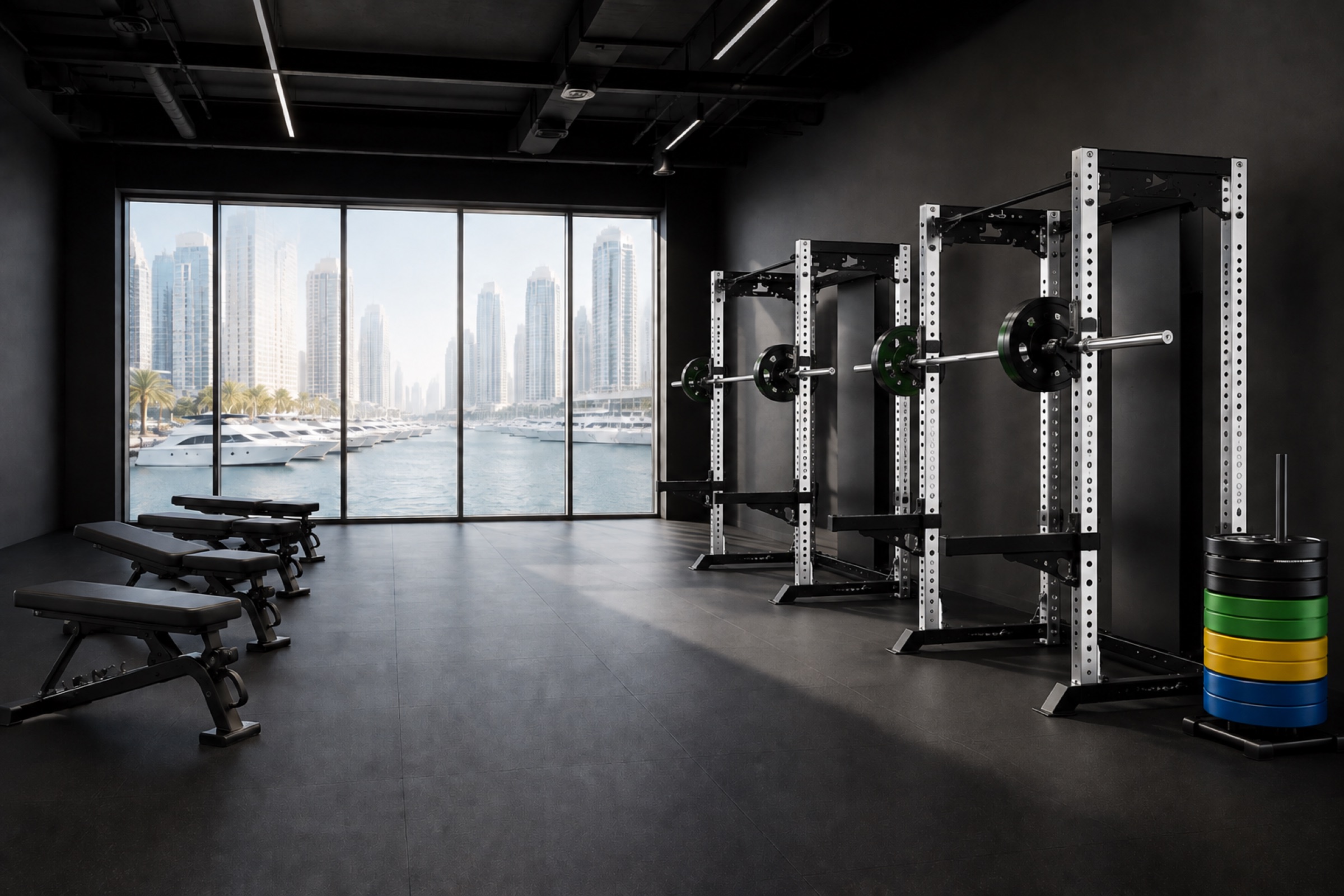 VAST strength studio viewed along the half racks, with benches and the marina beyond.