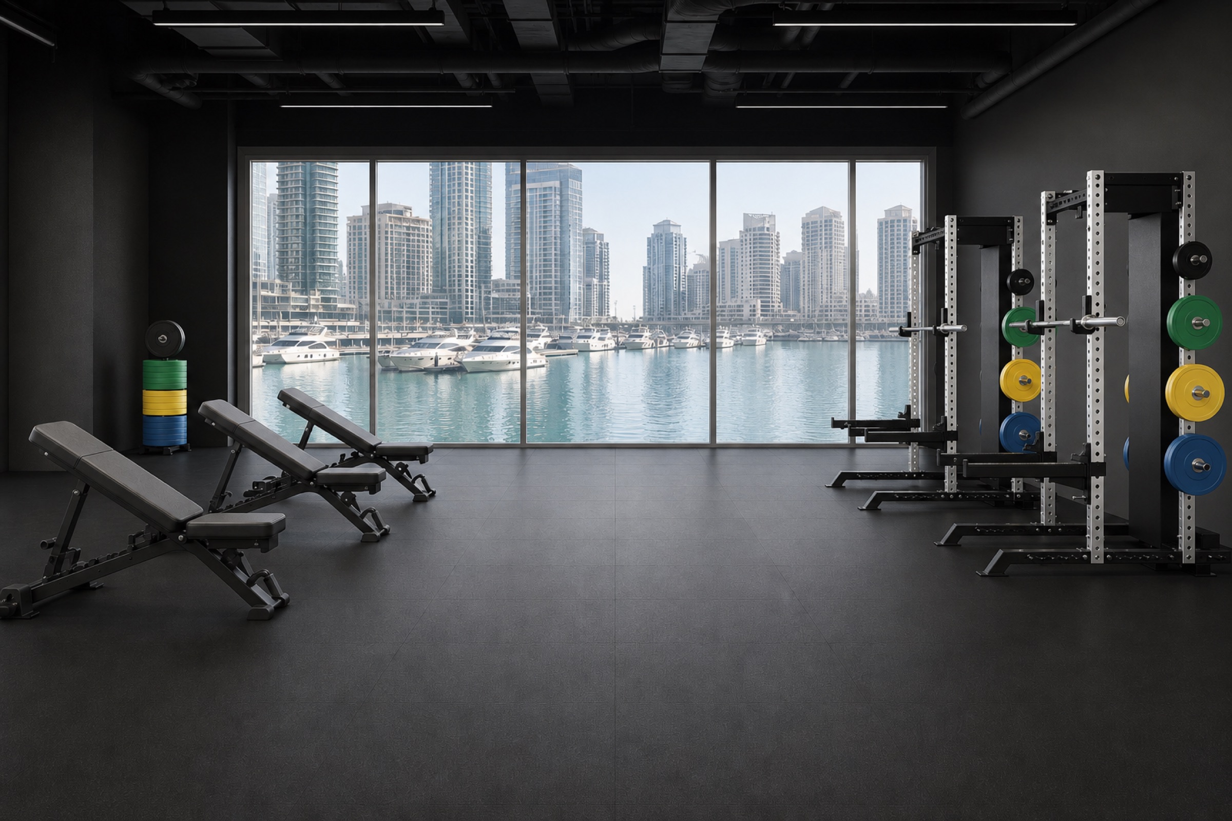 VAST strength studio with benches, stainless half racks and the marina beyond the windows.